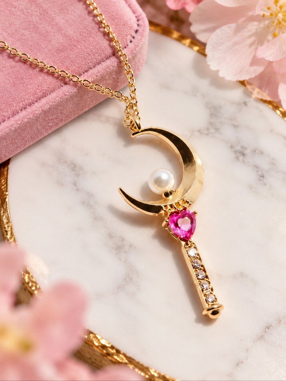 Sailor Moon Crescent Moon Wand Necklace – Gold Tone Anime Jewelry